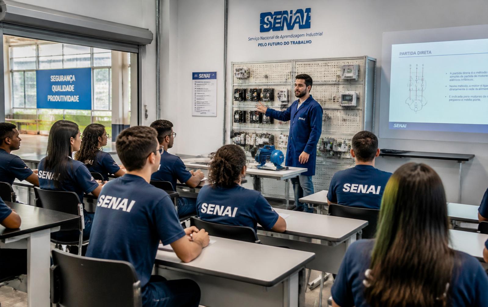 Instrutor com turma em laboratório de comandos elétricos